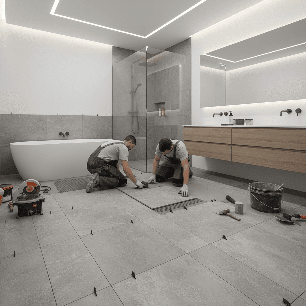 Tile flooring installation in bathroom