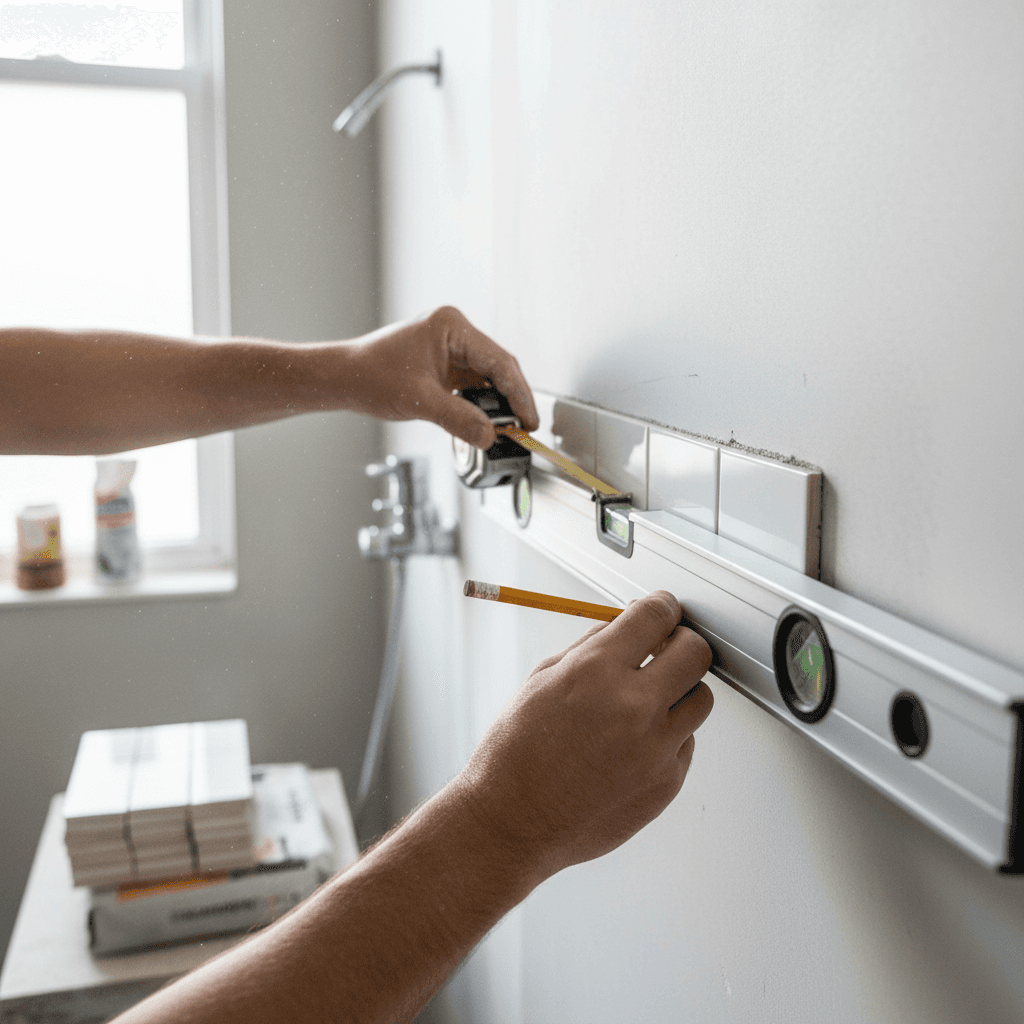 Tile contractor carefully installing shower tiles with expert precision