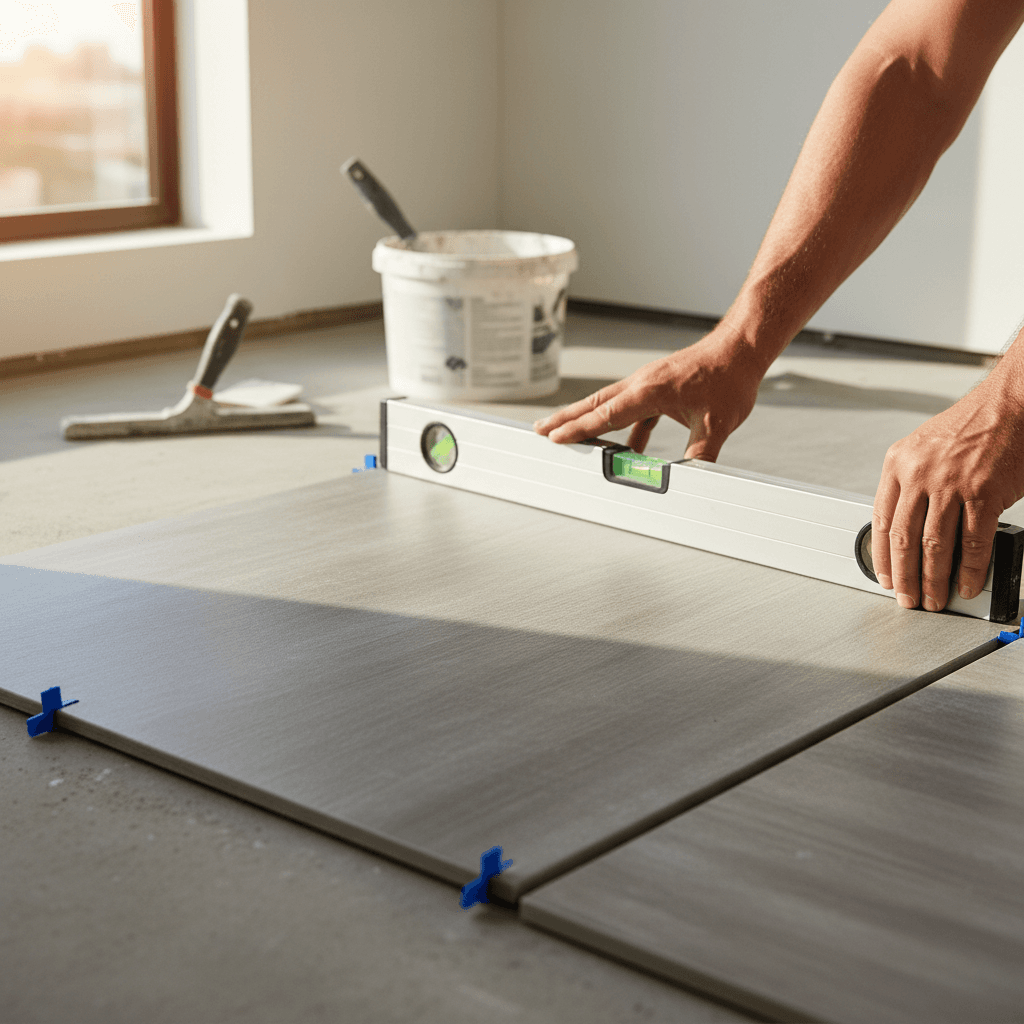Floor tile installation in progress