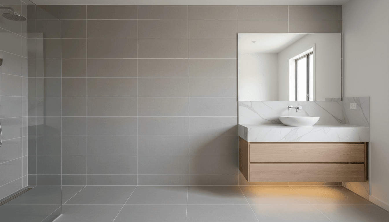 Finished bathroom renovation showing professional tile installation on flooring and walls