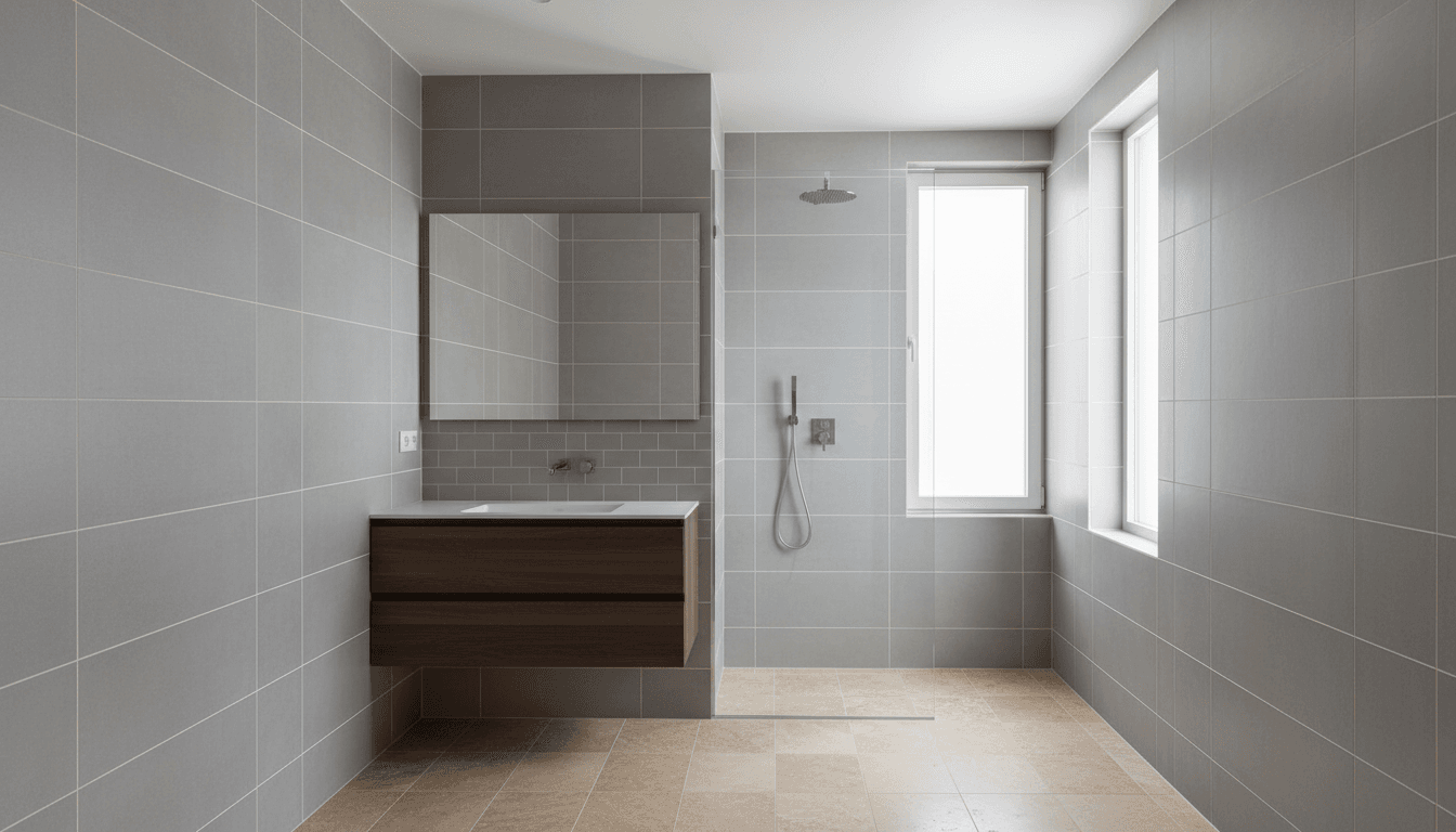 Expert tile installer carefully laying premium tiles on bathroom floor with precision