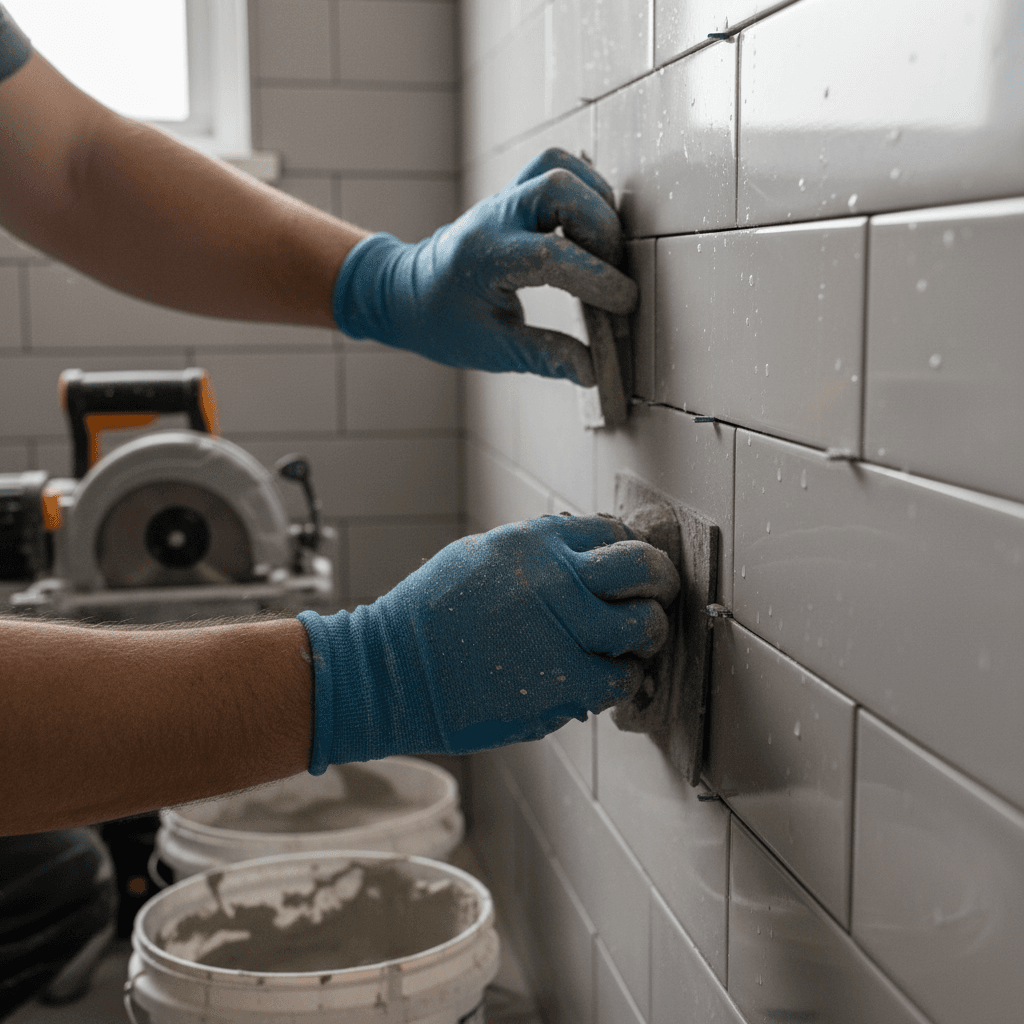 Expert installing shower tile